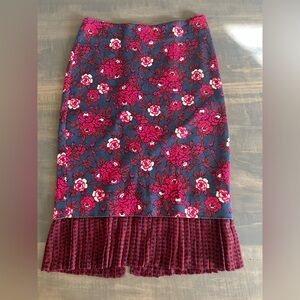 Anthropologie Floral Pencil Skirt with Pleated Hem - Pink on Navy